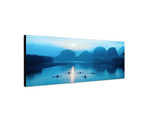 Wandbild auf Leinwand als Panorama in 150x50cm China Wasser Felsen Boote Sonnenaufgang