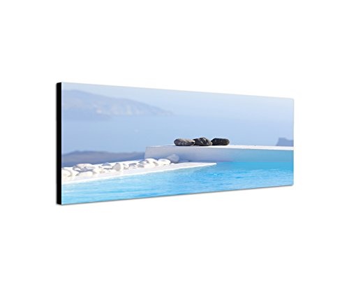Wandbild auf Leinwand als Panorama in 150x50cm Santorini Pool Wasser Steine