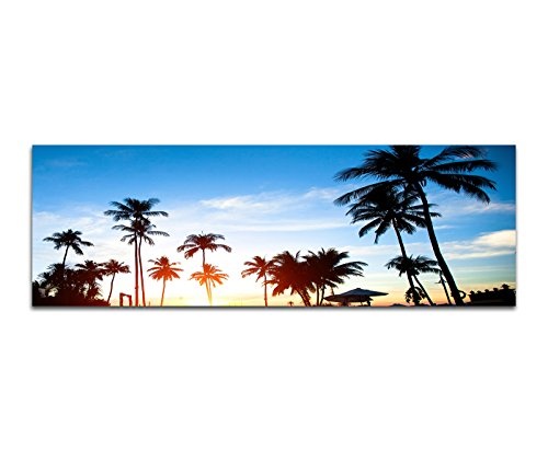 Wandbild auf Leinwand als Panorama in 150x50cm Tropen Wasser Palmen Sonnenuntergang