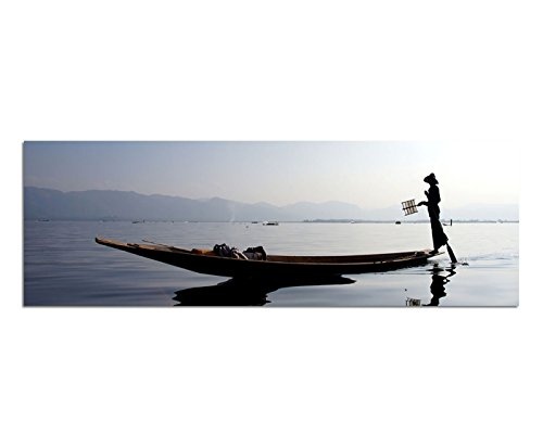 Wandbild auf Leinwand als Panorama in 150x50cm Myanmar Wasser Fischerboot Fischer Silhouette