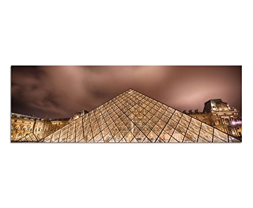 Wandbild auf Leinwand als Panorama in 150x50cm Paris Louvre Wasser Reflexion Nacht