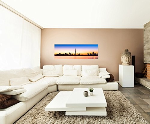 Wandbild auf Leinwand als Panorama in 150x50cm Dubai Skyline Wolkenkratzer Wasser Abendlicht