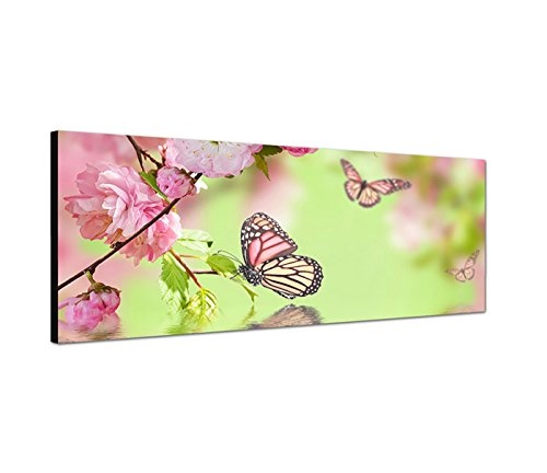 Wandbild auf Leinwand als Panorama in 150x50cm Kirschblüten Schmetterlinge Wasser Spiegelung