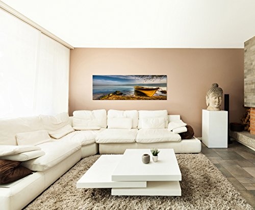 Wandbild auf Leinwand als Panorama in 150x50cm Meer Wasser Bucht Boot Wolkenschleier
