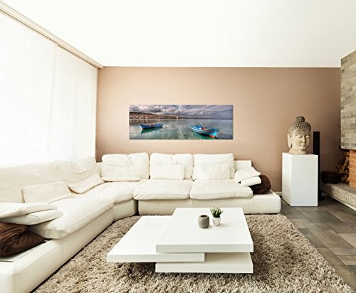 Wandbild auf Leinwand als Panorama in 150x50cm Meer Wasser Boote Städtchen Wolkenhimmel