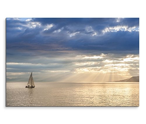 Eau Zone GmbH Kunstdruck auf Leinwand 120x80cm Landschaftsfotografie - Kleines Segelboot am Leman See Schweiz