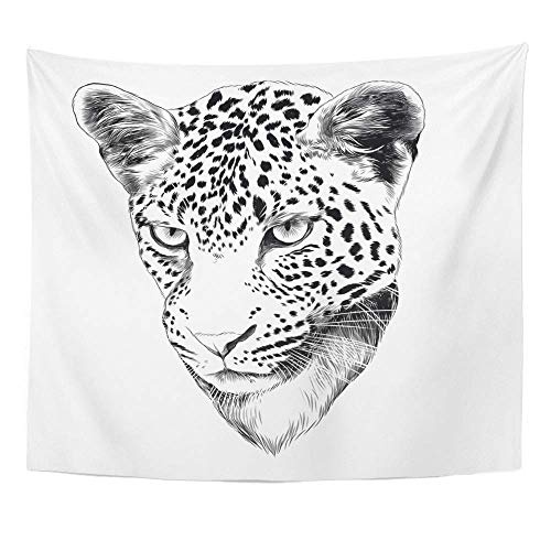 Tapisserie Polyester Stoff Print Home Decor Tier Leopard Kopf Zeichnung Skizze Grafiken Monochrom Schwarzweiß Panther Wandbehang Tapisserie für Wohnzimmer Schlafzimmer Schlafsaal