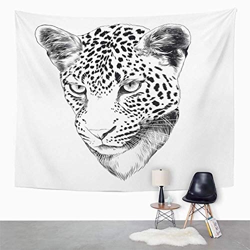 Tapisserie Polyester Stoff Print Home Decor Tier Leopard Kopf Zeichnung Skizze Grafiken Monochrom Schwarzweiß Panther Wandbehang Tapisserie für Wohnzimmer Schlafzimmer Schlafsaal