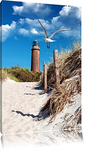 Schöner Leuchtturm am Strand Format: 80x60 auf Leinwand, XXL riesige Bilder fertig gerahmt mit Keilrahmen, Kunstdruck auf Wandbild mit Rahmen, günstiger als Gemälde oder Ölbild, kein Poster oder Plakat
