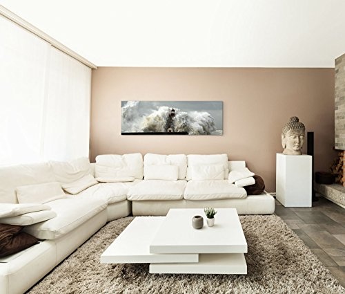 150x50cm Leinwandbild auf Keilrahmen Meer Welle Sturm Leuchtturm Wandbild auf Leinwand als Panorama
