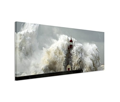 150x50cm Leinwandbild auf Keilrahmen Meer Welle Sturm Leuchtturm Wandbild auf Leinwand als Panorama