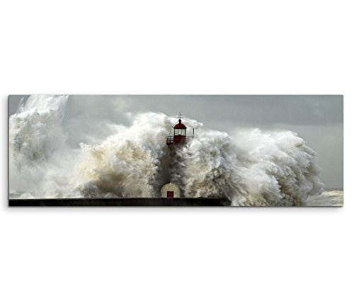 150x50cm Leinwandbild auf Keilrahmen Meer Welle Sturm Leuchtturm Wandbild auf Leinwand als Panorama