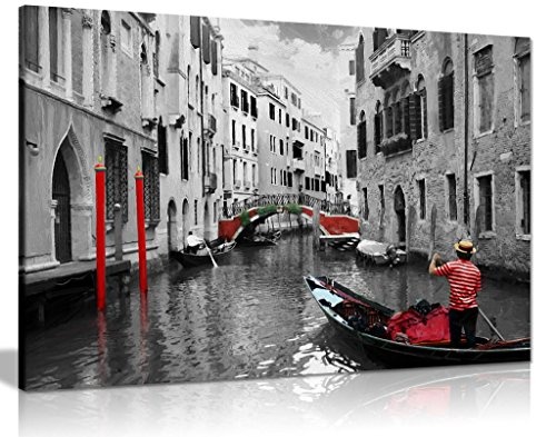 Venice Gondolas rot-schwarz-weiß-Leinwand Kunstdruck Bild, schwarz/rot/weiß, A2 61x41 cm (24x16in)