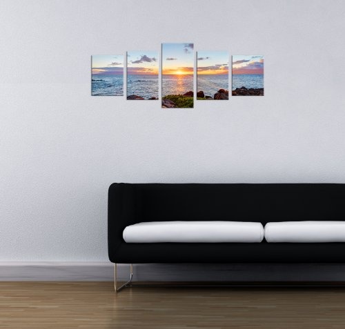 Wandbild - Küstenlinie Maui - Hawaii - USA - Bild auf Leinwand - 200x80 cm 5 teilig - Leinwandbilder - Landschaften - Amerika - Pazifik - Sonnenaufgang - Sonnenuntergang - Meer