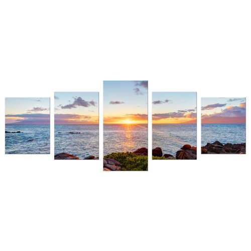 Wandbild - Küstenlinie Maui - Hawaii - USA - Bild auf Leinwand - 200x80 cm 5 teilig - Leinwandbilder - Landschaften - Amerika - Pazifik - Sonnenaufgang - Sonnenuntergang - Meer