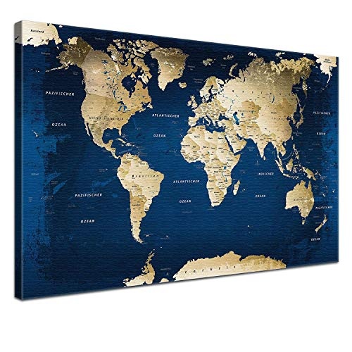 LANA KK Weltkarte Leinwandbild mit Korkrückwand zum pinnen der Reiseziele Deutsch Kunstdruck, Meer, 150 x 100 cm