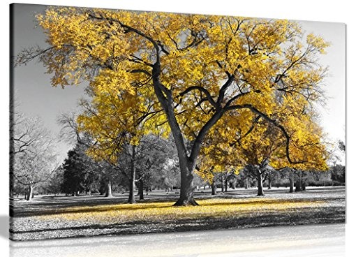 Kunstdruck mit großem Baum, gelben Blätter und schwarz-weißer Natur, auf Leinwand, Black/White/Yellow, A1 76x51 cm (30x20in)