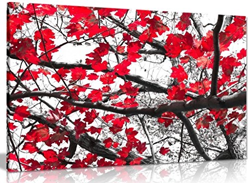 Schwarz Weiß Rot Kunstdruck Bäume & Blätter Bild auf Leinwand, schwarz / rot / weiß, A2 61x41 cm (24x16in)