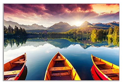 Leinwandbild, Motiv Berglandschaft, See Sonnenuntergang, drei Boote, Bäume auf Leinwand, 45,7 x 30,5 cm