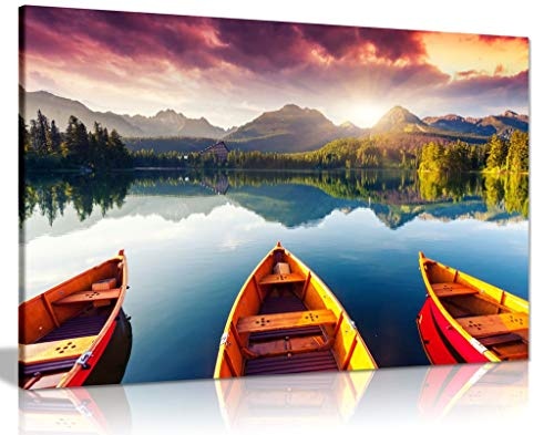 Leinwanddruck, Motiv Berglandschaft, See Sonnenuntergang, 3 Boote, Bäume auf Leinwand, 61 x 41 cm