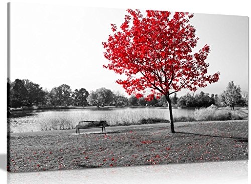 Großen Baum rot Blätter schwarz weiß Park Bench natur Bild auf Leinwand drucken, schwarz / rot / weiß, A3 46x31 cm (18x12in)