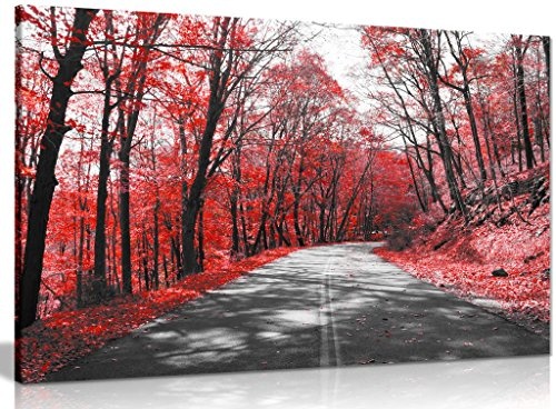 Leinwand-Druck, schwarz/weiße Straße mit Bäumen, rote Blätter, Wandkunst, schwarz / rot / weiß, A3 46x31 cm (18x12in)