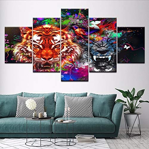 Fyyanm Leinwand Malerei Tiger Und Panther Mit Spritzer 5 Stücke Wandkunst Malerei Modulare Tapeten Poster Print Für Wohnzimmer Dekor