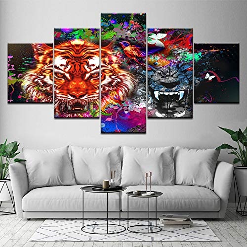 zxddzl Leinwand Malerei Tiger und Panther mit Spritzer 5 Stücke Wandkunst Malerei modulare Tapeten Poster Print für Wohnzimmer Dekor