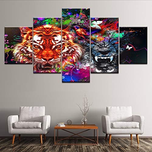 Fyyanm Leinwand Malerei Tiger Und Panther Mit Spritzer 5 Stücke Wandkunst Malerei Modulare Tapeten Poster Print Für Wohnzimmer Dekor