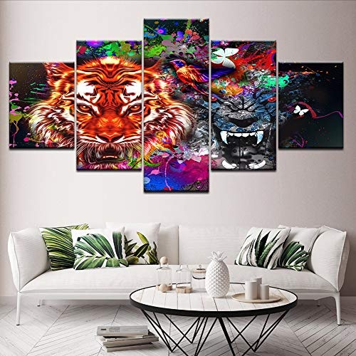 Fyyanm Leinwand Malerei Tiger Und Panther Mit Spritzer 5 Stücke Wandkunst Malerei Modulare Tapeten Poster Print Für Wohnzimmer Dekor