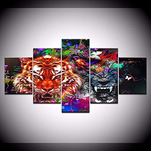 Fyyanm Leinwand Malerei Tiger Und Panther Mit Spritzer 5 Stücke Wandkunst Malerei Modulare Tapeten Poster Print Für Wohnzimmer Dekor