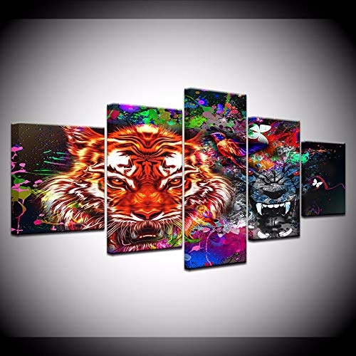 Fyyanm Leinwand Malerei Tiger Und Panther Mit Spritzer 5 Stücke Wandkunst Malerei Modulare Tapeten Poster Print Für Wohnzimmer Dekor