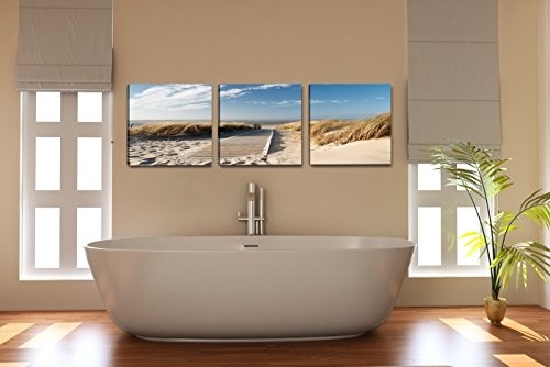 Visario 4221 Bilder auf Leinwand Bild 150 x 50 cm Strand Düne Nordsee - Ostsee drei Teile 50x50cm