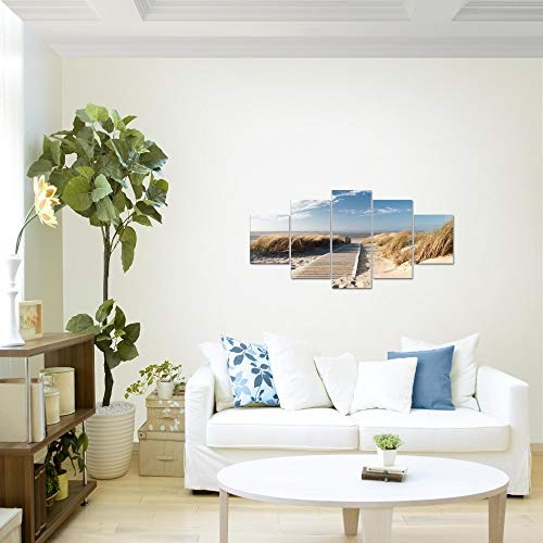 Bilder Strand Meer Wandbild 150 x 75 cm Vlies - Leinwand Bild XXL Format Wandbilder Wohnzimmer Wohnung Deko Kunstdrucke Beige 5 Teilig - MADE IN GERMANY - Fertig zum Aufhängen 604053a