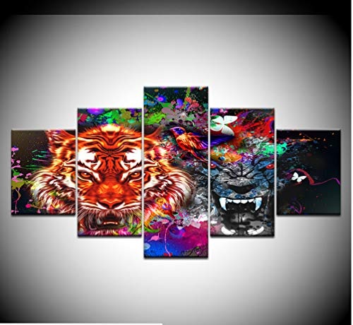 dsfytrew(Kein Rahmen Leinwand Malerei Tiger Und Panther Mit Spritzer 5 Stücke Wandkunst Malerei Modulare Tapeten Poster Print Home Decor