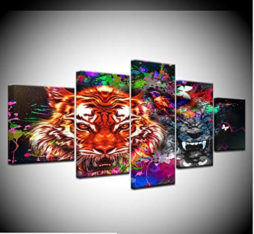 dsfytrew(Kein Rahmen Leinwand Malerei Tiger Und Panther Mit Spritzer 5 Stücke Wandkunst Malerei Modulare Tapeten Poster Print Home Decor