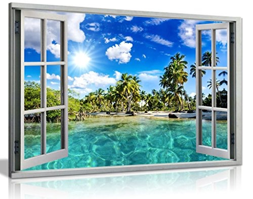 Kunstdruck, Motiv Karibik-Strand 3D-Fenster-Effekt,...