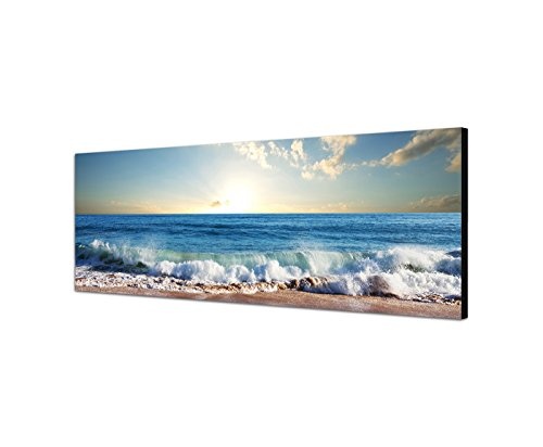Paul Sinus Art Panoramabild auf Leinwand und Keilrahmen 150x50cm Meer Strand Wellen Sonnenuntergang Wolken