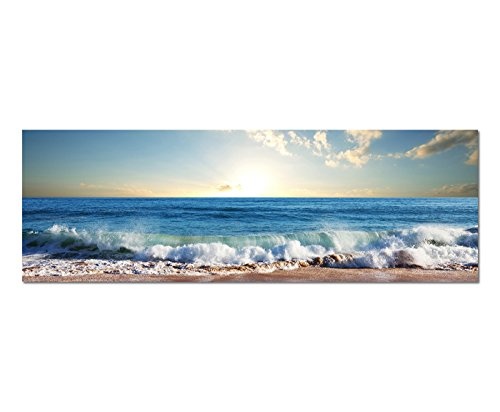 Paul Sinus Art Panoramabild auf Leinwand und Keilrahmen 150x50cm Meer Strand Wellen Sonnenuntergang Wolken