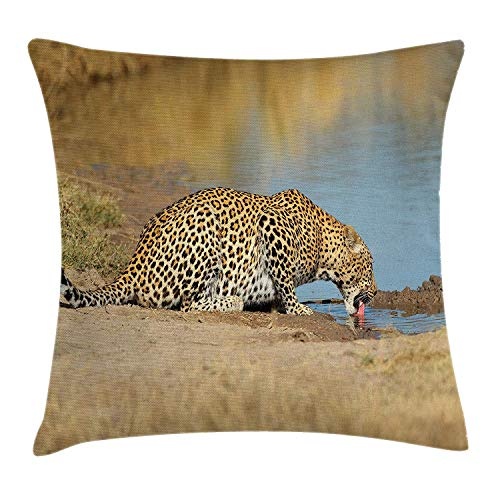 Safari Throw Pillow Cushion Cover, Leopard Panther Drinking at Waterhole Wild South African Animal Documentary Print, Decorative Square Accent Pillow Case, 18 X 18 inches, Pale Brown