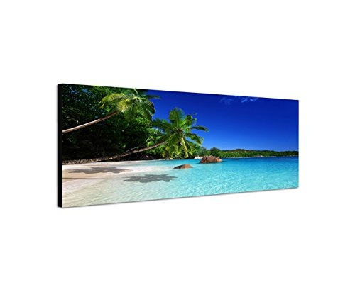 Panoramabild auf Leinwand und Keilrahmen 150x50cm Seychellen Strand Meer Palmen