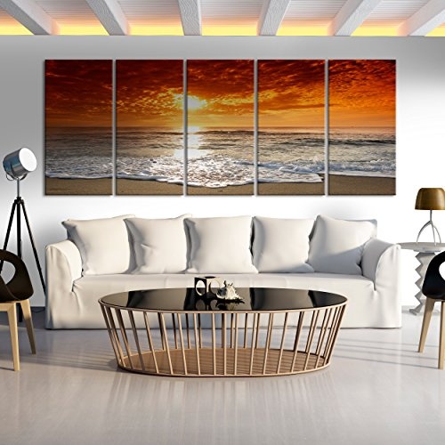 decomonkey Bilder Meer Strand 200x80 cm XXL 5 teilig Leinwandbilder Bild auf Leinwand Vlies Wandbild Kunstdruck Wanddeko Wand Wohnzimmer Wanddekoration Deko Sonne Sonnenuntergang See Himmel