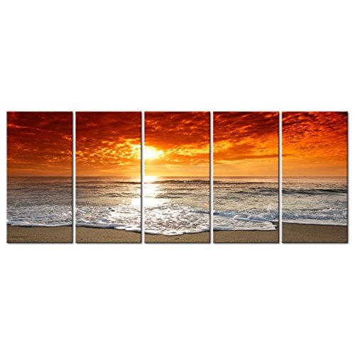 decomonkey Bilder Meer Strand 200x80 cm XXL 5 teilig Leinwandbilder Bild auf Leinwand Vlies Wandbild Kunstdruck Wanddeko Wand Wohnzimmer Wanddekoration Deko Sonne Sonnenuntergang See Himmel