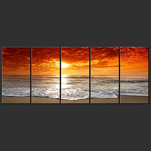 decomonkey Bilder Meer Strand 200x80 cm XXL 5 teilig Leinwandbilder Bild auf Leinwand Vlies Wandbild Kunstdruck Wanddeko Wand Wohnzimmer Wanddekoration Deko Sonne Sonnenuntergang See Himmel