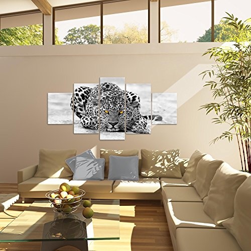 Runa Art Bilder Afrika Leopard Wandbild 200 x 100 cm Vlies - Leinwand Bild XXL Format Wandbilder Wohnzimmer Wohnung Deko Kunstdrucke Grau 5 Teilig - Made IN Germany - Fertig zum Aufhängen 000351a