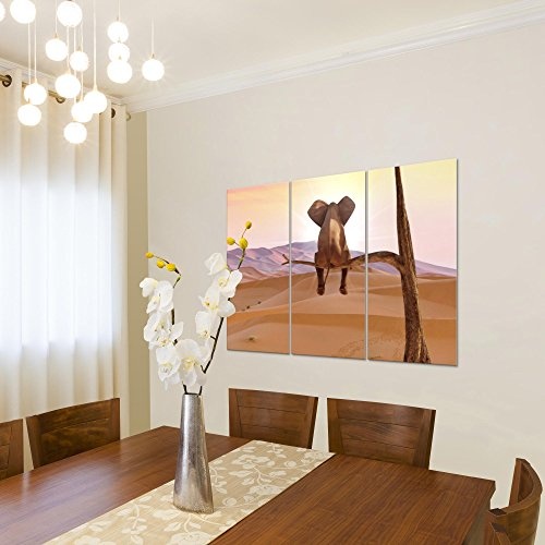 Bilder Afrika Elefant Wandbild 120 x 80 cm - 3 Teilig Vlies - Leinwand Bild XXL Format Wandbilder Wohnzimmer Wohnung Deko Kunstdrucke Orang - MADE IN GERMANY - Fertig zum Aufhängen 002031a