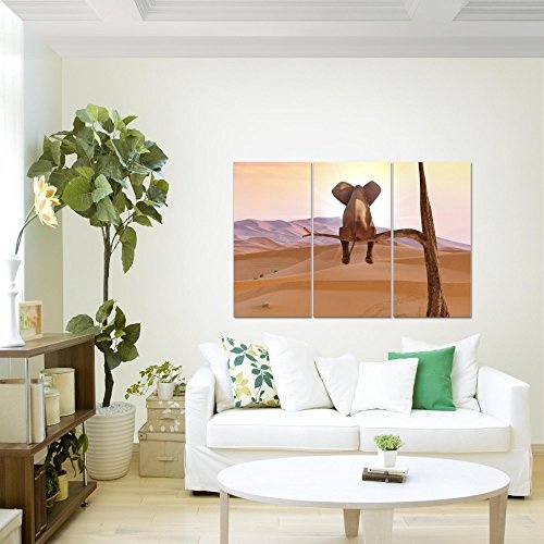 Bilder Afrika Elefant Wandbild 120 x 80 cm - 3 Teilig Vlies - Leinwand Bild XXL Format Wandbilder Wohnzimmer Wohnung Deko Kunstdrucke Orang - MADE IN GERMANY - Fertig zum Aufhängen 002031a