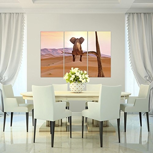 Bilder Afrika Elefant Wandbild 120 x 80 cm - 3 Teilig Vlies - Leinwand Bild XXL Format Wandbilder Wohnzimmer Wohnung Deko Kunstdrucke Orang - MADE IN GERMANY - Fertig zum Aufhängen 002031a