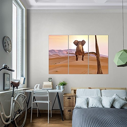 Bilder Afrika Elefant Wandbild 120 x 80 cm - 3 Teilig Vlies - Leinwand Bild XXL Format Wandbilder Wohnzimmer Wohnung Deko Kunstdrucke Orang - MADE IN GERMANY - Fertig zum Aufhängen 002031a