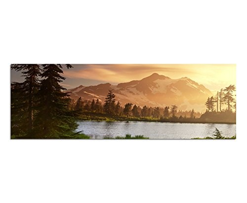 Wandbild auf Leinwand als Panorama in 150x50cm Berge Schnee Waldsee Bäume Natur